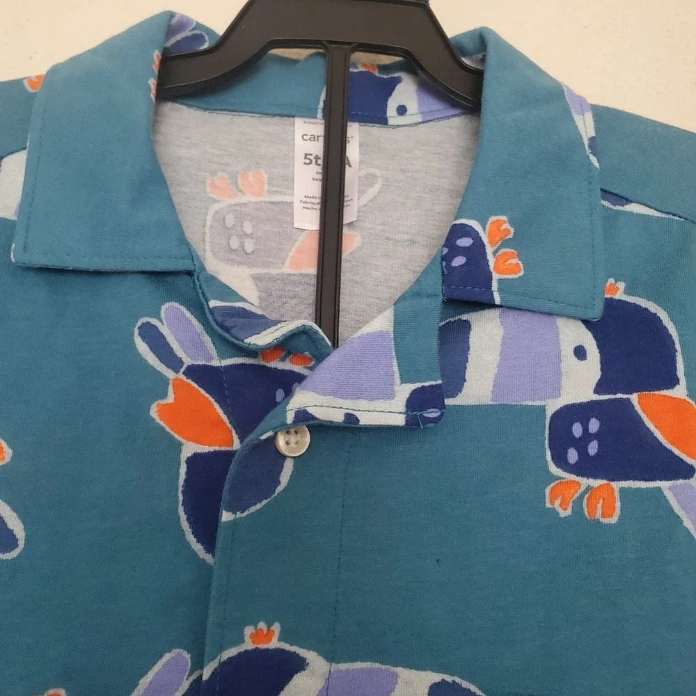 Toddler Boy Carter's Bird Button-Front Shirt Size 5T Oeko Tex Parrot Blue